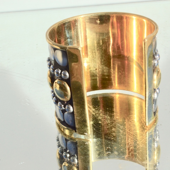 Biker Cuff Silver Brass Wide Bracelet Stud Studded - Picture 5 of 8